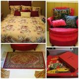 Bedding, chair, pillows, rugs, old games,