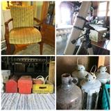 Antique chair, telescope, tin tool boxes, pepsi crates, antique jar, lanterns