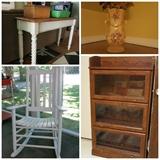 Coffee tables, end tables, lamps, book cases, antique vase, Kennedy style rocker