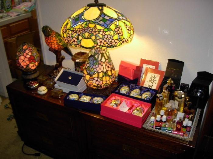 Stained glass 50% off...large lamp Sold..lamps..perfumes and trinket boxes