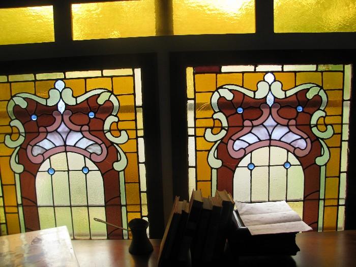 two stained glass window panels, 