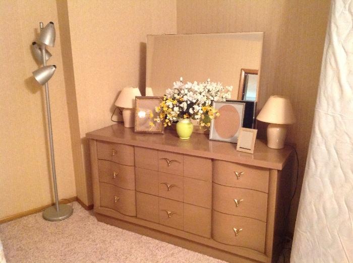 better shot of the mid-century dresser with some lamps