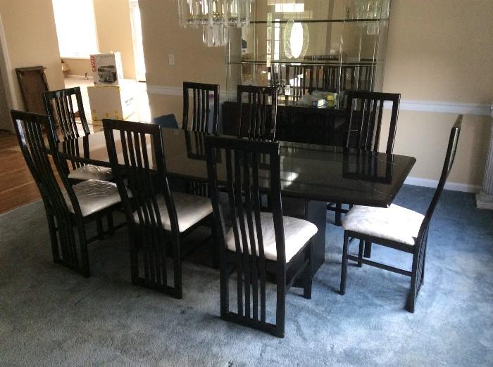 Italian Black Lacquer Dining Room Table and 8 Chairs