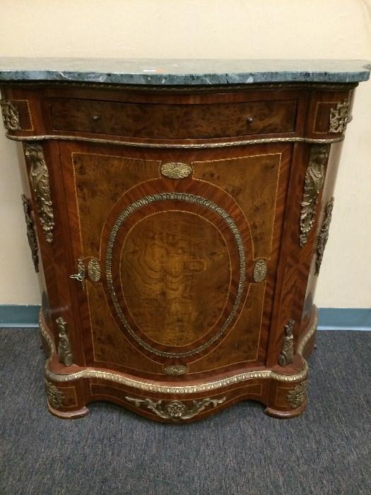 Burl Walnut Bowed Chest with Granite Top.  Inlaid solid brass molding and fixtures.