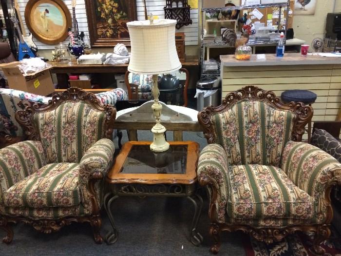 Victorian Style Arm Chairs with Ornate Carved Wood Trim