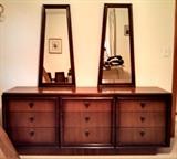 Fabulous walnut mid century modern triple dresser with matching platform bed (bed will fit queen mattress)
