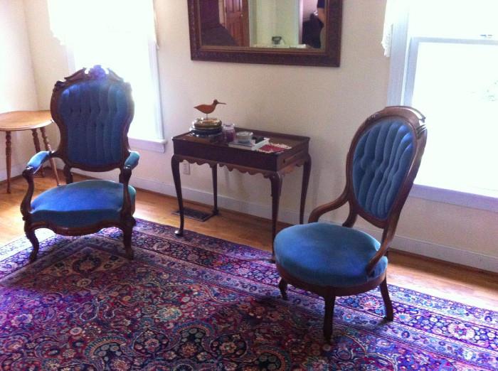 Antique Victorian parlor chairs, lady and gentleman