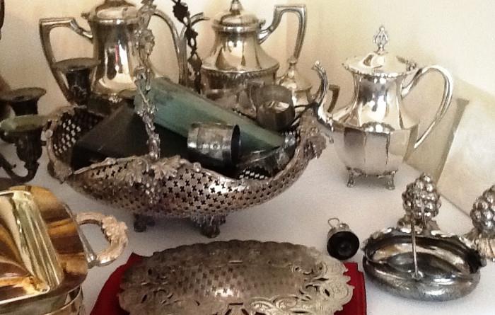 Silverplate ornate basket and other pieces
