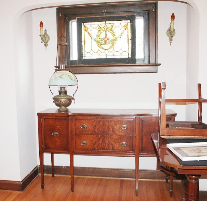 Antique Dining Room Furniture Suite by Brickwede Furniture Manufacturing Co (Marietta, OH from 1917-1959). Buffet, antique table lamp and stained glass window pane shown here.
