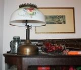 Another antique hand-painted globe lamp (there is a matching base for this one), vintage artwork, antique Tiger Oak curved glass china cabinet