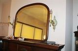Large antique wood frame mirror on mantle (fireplace screen and accessories for sale)