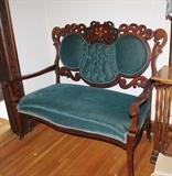 Absolutely gorgeous Victorian velvet wood settee w/decorative inlay