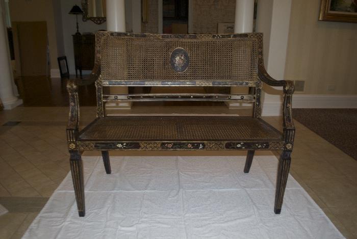 Decorative wood and wicker entry hall bench