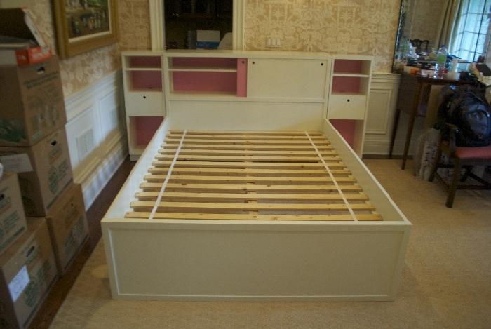 White (with pink)3 piece Pottery Barn girls queen platform bed - with side bookcases/mattress available
