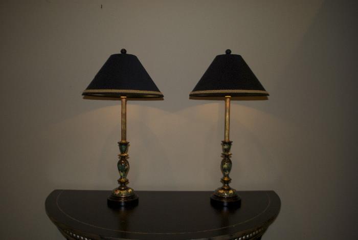 Lamps (2) handpainted base with black shade with gold trim