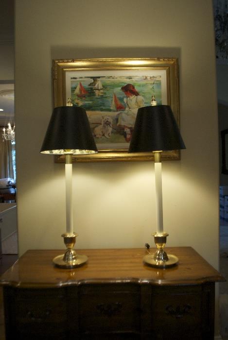 Lamps (2) with brass base and black shades