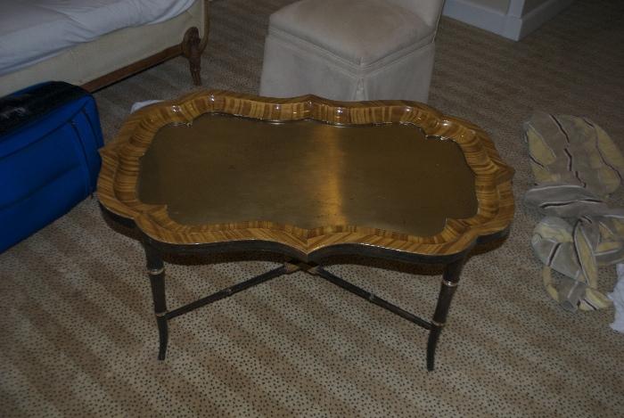 Vintage coffee table - wood and filigree border with inset brass tray