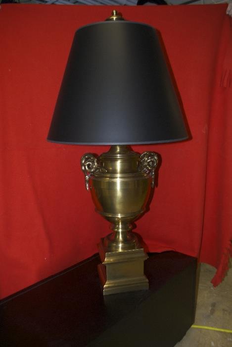 Set of 2 brass urn lamps with black shades (40" h x 20" w)