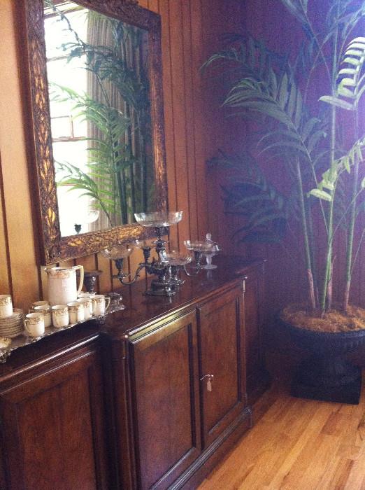 Dining room buffet; epergne; extra large artificial palm; framed mirror