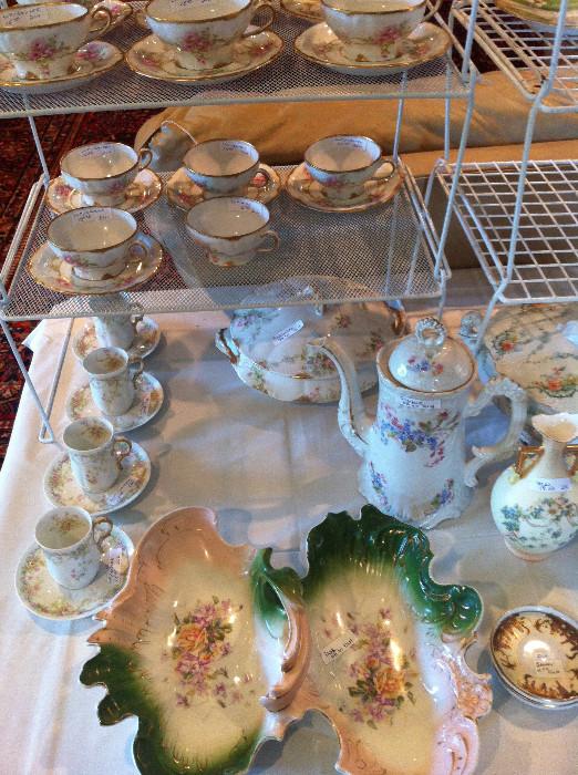 Demitasse cups & saucers; china tea pot; covered bowl; vases; other knickknacks