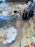                Assorted dishes; tureen; dogs on stands