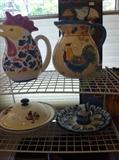             Assorted rooster items; rooster egg plate