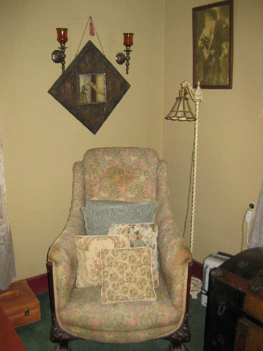 ANTIQUE COPPER "REMEMBER THE MAINE" TOLE MIRROR, ANTIQUE FLOOR LAMP, OLD PAW FOOTED UPHOLSTERED CHAIR