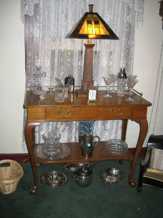 ANTIQUE OAK LIBRARY TABLE with REPRODUCTION MISSION STYLE LAMP