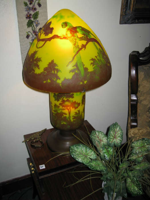 1 of a PAIR of VERY LARGE REPRODUCTION GALLE DOME SHADE PARROT LAMPS