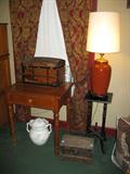 ANTIQUE SALESMAN SAMPLE TRUNKS, ANTIQUE ENGLISH CHAMBER POT, ANTIQUE OAK LAMP TABLE with DRAWER