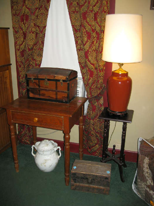ANTIQUE SALESMAN SAMPLE TRUNKS, ANTIQUE ENGLISH CHAMBER POT, ANTIQUE OAK LAMP TABLE with DRAWER