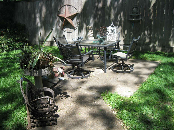 NEWER PATIO TABLE with 4 SWIVEL CHAIRS
VARIOUS YARD ITEMS