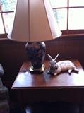                      Side table; lamp; ceramic rabbit