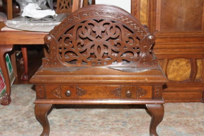 Beautiful Antique Hand Carved Magazine Stand with Drawer.