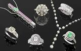 Gorgeous Diamonds & Gemstones:  Lot 1051) Platinum, Emerald, Diamond & Burma Sapphire Necklace; 1139) Plat. Art Deco 1.50 Ctw Diamond Ring; 1042) Plat. 12 Ctw Diamond Y Necklace; 1120) Approx. 4 Ct Diamond Band; Lot 1060) 2.01 Ct Diamond Solitaire Ring; Lot 1120) 1.17 Ct Diamond Halo Ring; Lot 1052) An 18K 1.12 Ct Emerald Ring framed in Diamonds.