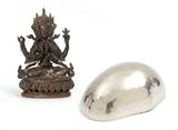Lot 1063) Tibetan Silver Kapala Skull Cup Bowl Liner, Late 18th to early 19th; Lot 1067) Tibetan Bronze Seated Chenrezig Buddhist Figure, 8 ¾”h.
