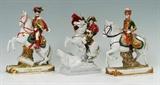 Lot 1003:  SCHEIBE-ALSBACH PORCELAIN MILITARY HORSEMAN FIGURES: Porcelain figures of Napoleon, Prince Eugene and Pully. Finely detailed and painted. Measures approx. 11'' tall x 8'' x 3.5''. 20th C.