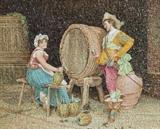 Lot 1007:  LARGE VATICAN MICROMOSAIC FLIRTATION IN WINE CELLAR: Produced at the Studio Del Mosaico at the Vatican, scene depicts a cavalier and young maiden in the wine cellar, sight size 15 3/4'' x 19 3/4'', labeled verso Studio del Mosaico, Rev. Fabbrica di S. Pietro in Vaticano, and titled ''La Bella Cantiniera-Vinea'', after Francesco Vinea, framed, 22'' x 25 1/2''. Est. $2000/4000**