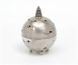 Lot 1024:  CHINESE EXPORT SILVER COVERED LIBATION CUP: Round 2 part with pierced clouds and engraved birds in flight, concentric circle finial, marks with Chinese silver marks and unidentified makers mark on base, on 4 feet. Removable insert, overall measures 4'' h. x 3'', approx. 8.7 troy oz.