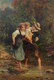 Lot 1025:  LEJEUNE, Eugene Joseph, (French, 1818-1894): Young Brother & Sister Carrying Sibling over a Stream, Oil/Canvas, 31'' x 22 1/2'', signed lower left, encased in period carved and gilded heavy gilded cove molding 32'' x 32''. Est. $3000/5000**
CONDITION: Relined, repair to puncture, several scattered spots of inpaint, scattered craquelure throughout, several minor flecks of paint loss.