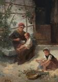 Lot 1026:  REYNAUD, Francois, (French, 1825-1909): Genre Scene with Mother Feeding Small Child, with Another Small Child Playing with her Doll in the Courtyard, Oil/Canvas, 18 1/4'' x 13 1/4'', signed lower left, carved and painted frame 25 3/4'' x 20 3/4''. Est. $800/1200**
CONDITION: Possible older reline, scattered craquelure and several areas of inpaint, frame has been re-painted and there are several minor chips, sold as is.
