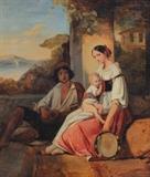 Lot 1027:  BEAUME, Joseph, (French, 1796-1885): Mother and Child with Minstrel, Oil/Canvas, 25 1/2'' x 21 1/2'', signed Beaume and dated 1839, period gilded frame, 31 1/2'' x 27 1/4''. Est. $1000/2000**
CONDITION: Reline, inpaint, several scattered flecks with abrasions and older restoration. Sold as is.