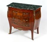 Lot 1114:  MARBLE TOP ORMOLU COMMODE: Serpentine green marble top, 3 drawer bombe base with string inlay, burl veneer panels, applied ormolu decoration. Overall measures 31 1/2'' h. x 32 3/4'' x 17''.
CONDITION: Several scratches to base, other wear consistent with age and use.