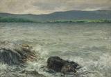 Lot 1159:  DERRICK, William Rowell, (American, 1857-1941): Lake Shoreline with Mountains in the Distance, Oil/Canvas, 26 1/2'' x 36'', signed lower left, framed 30 1/4'' x 40 1/4'', illegibly titled in pencil on the back. Est. $800/1200**
CONDITION: Needs cleaning, frame has been partially restored and overpainted, sold as is.