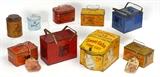 Lot 1189:  COLLECTION OF 9 TOBACCO ADVERTISING TINS: 9 pieces total with tin lithography to include 1) 1/3 gross Sweet Cuba Fine Cut, hinged front lid, 7 7/8'' h. x 11 1/4''. 2) Red Tiger Bright Sweet Chewing Tobacco lunchbox style, 7 7/8'' h. x 10 3/4'' x 6''. 3) Blue Tiger Dark Sweet Chewing Tobacco lunchbox, 6'' h. x 8 1/2'' x 7''. 4-5) 2 Pedro Cut Plug lunchbox, one with canvas pouch, 4 3/4'' h. x 8 1/4'' x 5''. 6) Union Leader Cut Plug lunchbox with canvas pouch, 4 3/4'' h. x 7 3/4'' x 5 1/4''. 7) Penny Post Cut Plug lunchbox 4 1/2'' h. x 7'' x 4 3/4''. 8) Pedro Cut Plug round tin, 6 3/8'' h. x 4 7/8''. 9) Players Navy Cut round tin, 4 1/4'' h. x 4 1/2''
CONDITION: Scratches, dings, rusting, typical wear, sold as-is.