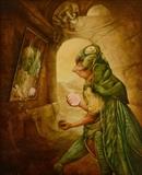 Lot 1171:  VAN KHACHE, Serge, (French, 1946- ): ''Narcisse'', Oil/Canvas, 18'' x 15'', signed lower left, signed, titled and dated 1986 verso, custom burl wood frame 23 1/2'' x 20 1/4''. Est. $400/600**
CONDITION: Frame does show some minor wear.