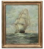 Lot 1205:  GAY, George Howell, (American, 1858-1931): Maritime Scene featuring Clipper Ship, Oil/Canvas, 24'' x 20'', signed lower left and dated 1926, gilded and carved impressionist frame, 29 1/2'' x 25''. Est. $500/800**
CONDITION: Minor cracklure, some stretcher bar wear, would benefit greatly from cleaning, has been re-stretched within the last 30 years.