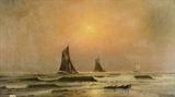 Lot 1214:  IMPRESSIVE H. COPELAND MARITIME PAINTING DATED 1882: Oil/Canvas, 18'' x 32'', Fishing Boats, Steamships, and Clipperships, painted from the shore, with the sun setting. Est. $800/1200**
CONDITION: Relined, punctures in left and right corner, needs cleaning, scattered cracklure, some separation from new canvas in upper right corner, loss of canvas in lower left corner, sold as is.