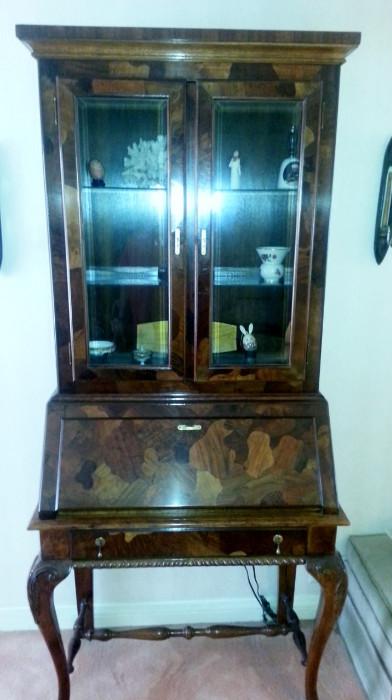lovely drop front secretary with glass door display, cabriole legs and inlaid