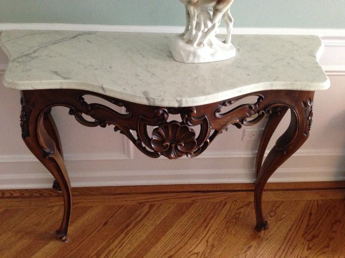 Marble topped wood carved entry table